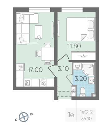 Продажа 1-комнатной квартиры 35,1 м², 25/25 этаж