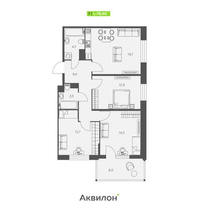 79,4 м², 3-комн. квартира, 3/12 этаж