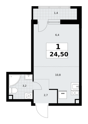 24,5 м², своб. планировка, 2/10 этаж