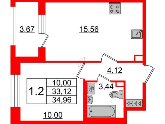 Продажа 1-комнатной квартиры 33,1 м², 2/12 этаж