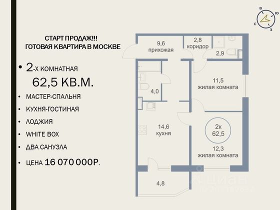 Продажа 2-комнатной квартиры 62,5 м², 16/18 этаж