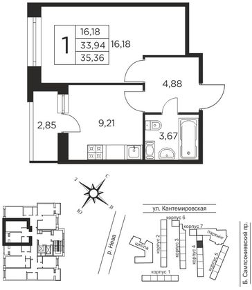Продажа 1-комнатной квартиры 33,9 м², 3/12 этаж