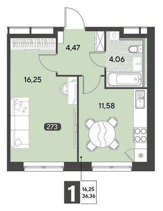 Продажа 1-комнатной квартиры 36,4 м², 12/25 этаж