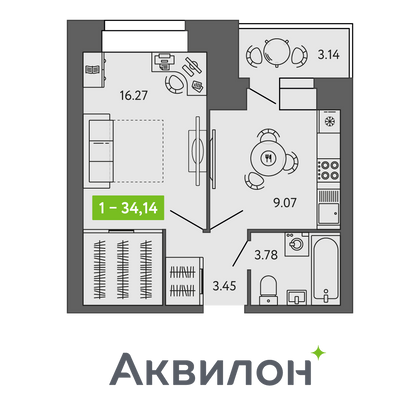 34,1 м², 1-комн. квартира, 9/9 этаж