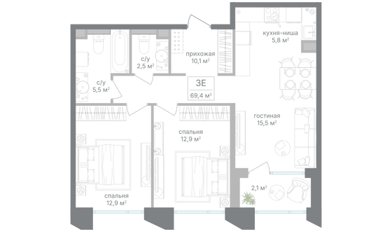 Продажа 2-комнатной квартиры 67,3 м², 4/21 этаж