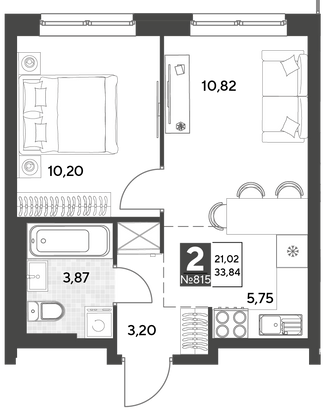 Продажа 2-комнатной квартиры 33,8 м², 19/25 этаж