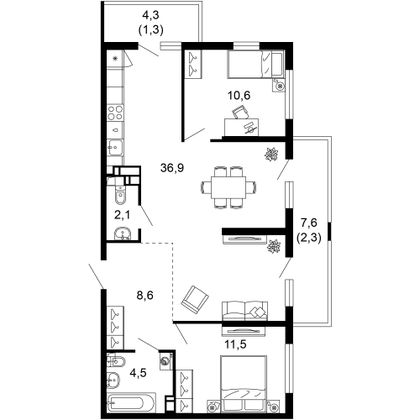 77,8 м², 2-комн. квартира, 14/17 этаж