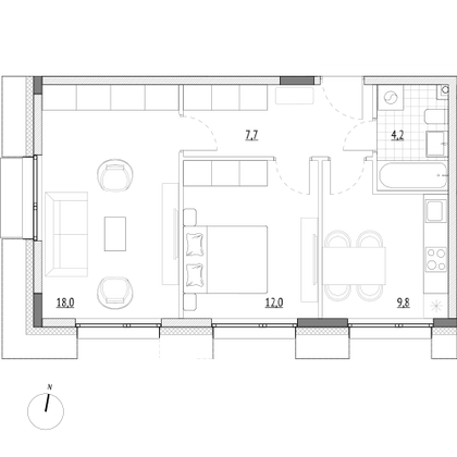 51,7 м², 2-комн. квартира, 2/7 этаж