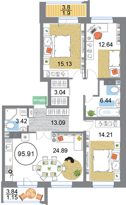 95,9 м², 3-комн. квартира, 8/12 этаж