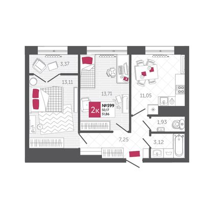 Продажа 2-комнатной квартиры 51,9 м², 11/22 этаж