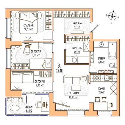 Продажа 3-комнатной квартиры 73,2 м², 13/17 этаж