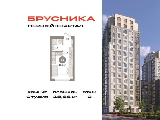 18,7 м², студия, 2/9 этаж