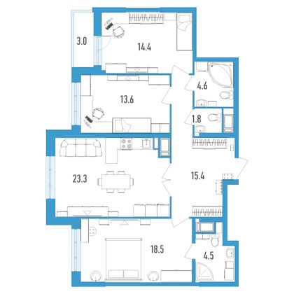 Продажа 3-комнатной квартиры 97,6 м², 5/18 этаж