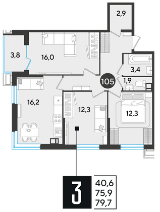 79,7 м², 3-комн. квартира, 5/18 этаж