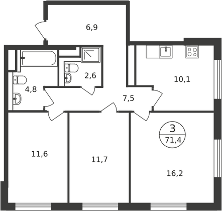 71,4 м², 3-комн. квартира, 7/9 этаж