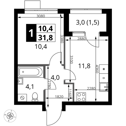 31,8 м², 1-комн. квартира, 7/18 этаж