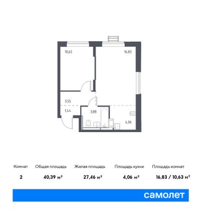 40,4 м², 1-комн. квартира, 12/17 этаж