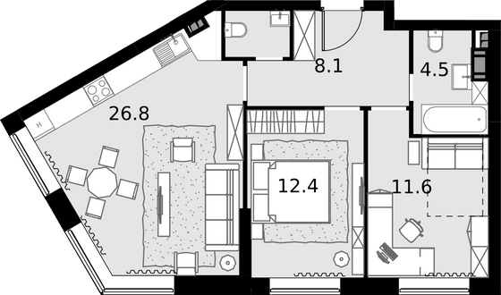 65,3 м², 2-комн. квартира, 6/28 этаж