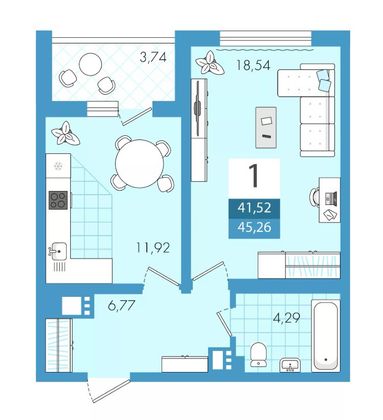 Продажа 1-комнатной квартиры 45,3 м², 21/21 этаж