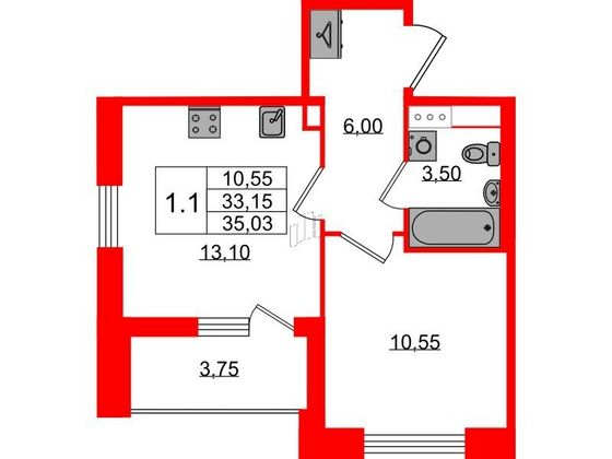 Продажа 1-комнатной квартиры 33,2 м², 2/12 этаж