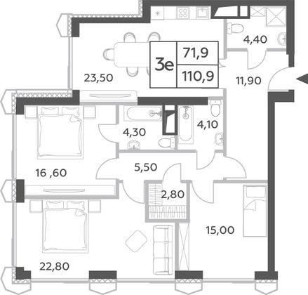 110,9 м², 4-комн. квартира, 43/56 этаж