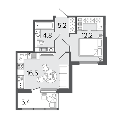 39 м², 1-комн. квартира, 4/8 этаж