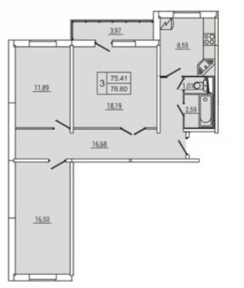 Продажа 3-комнатной квартиры 76,6 м², 4/16 этаж