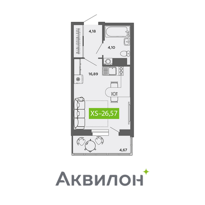 26,6 м², студия, 9/9 этаж