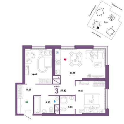 57,3 м², 3-комн. квартира, 8/32 этаж