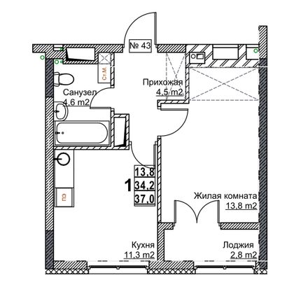 Продажа 1-комнатной квартиры 37 м², 6/24 этаж