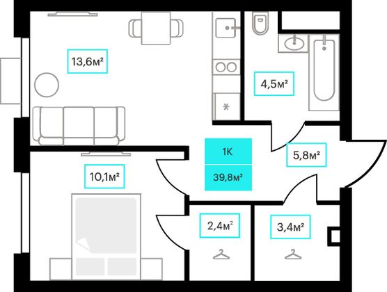 39,8 м², 1-комн. квартира, 10/23 этаж