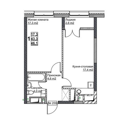 Продажа 1-комнатной квартиры 46,1 м², 15/24 этаж