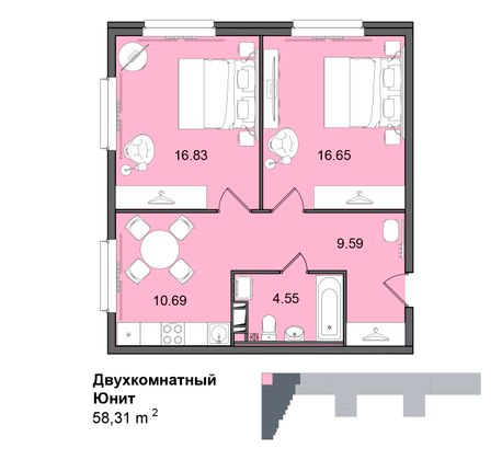 58,3 м², 2-комн. квартира, 24/29 этаж