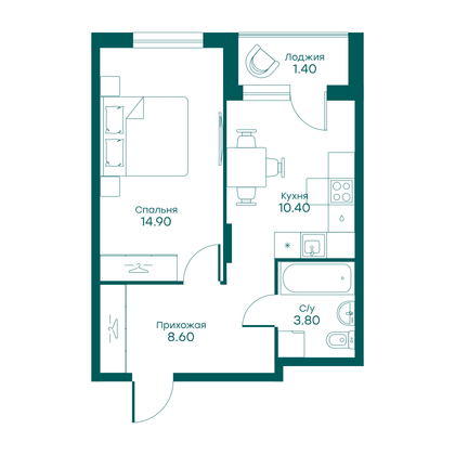 39,1 м², 1-комн. квартира, 2/6 этаж