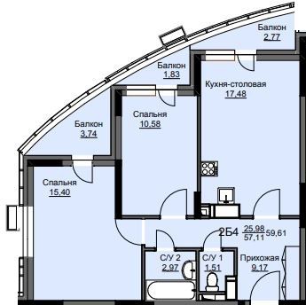 Продажа 2-комнатной квартиры 59,6 м², 17/17 этаж