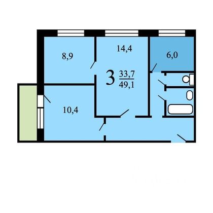 Продажа 3-комнатной квартиры 52 м², 8/9 этаж