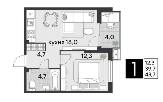 Продажа 1-комнатной квартиры 43,7 м², 2/18 этаж
