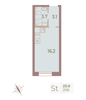 Продажа квартиры-студии 22,9 м², 6/9 этаж