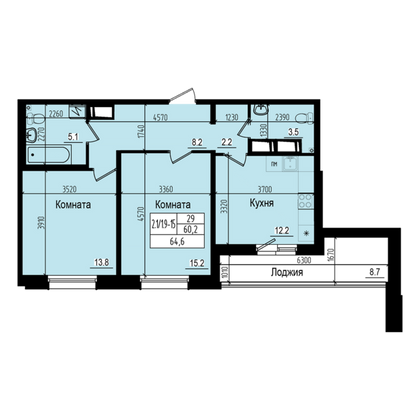 64,6 м², 2-комн. квартира, 18/23 этаж