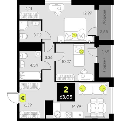 63 м², 2-комн. квартира, 6/17 этаж