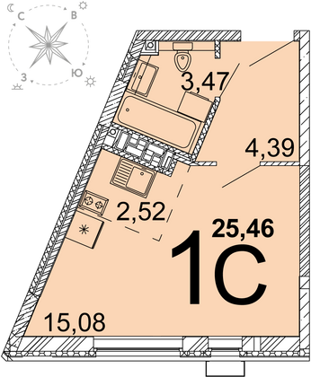 25,1 м², студия, 13 этаж