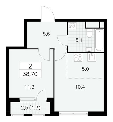 38,7 м², своб. планировка, 16/30 этаж