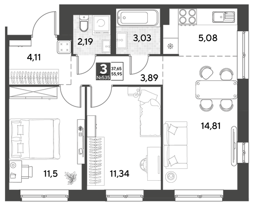 Продажа 3-комнатной квартиры 56 м², 20/21 этаж