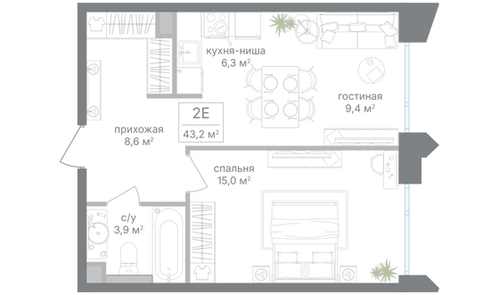 Продажа 1-комнатной квартиры 43,2 м², 7/19 этаж