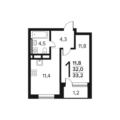 33,2 м², 1-комн. квартира, 5/11 этаж