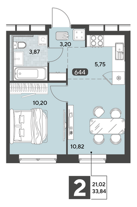 Продажа 2-комнатной квартиры 33,8 м², 7/25 этаж