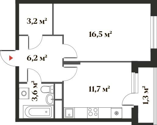 42,5 м², 1-комн. квартира, 2/6 этаж