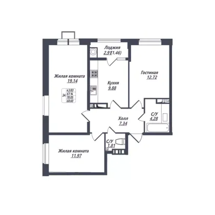 Продажа 3-комнатной квартиры 68,6 м², 1/8 этаж