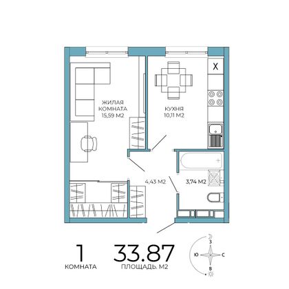 33,9 м², 1-комн. квартира, 4/18 этаж