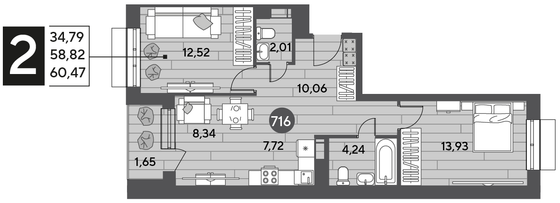 Продажа 2-комнатной квартиры 60,5 м², 2/12 этаж